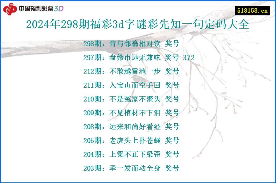 2024年298期福彩3d字谜彩先知一句定码大全