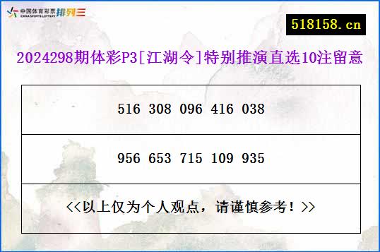 2024298期体彩P3[江湖令]特别推演直选10注留意