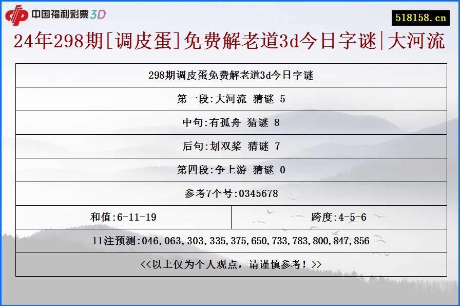 24年298期[调皮蛋]免费解老道3d今日字谜|大河流