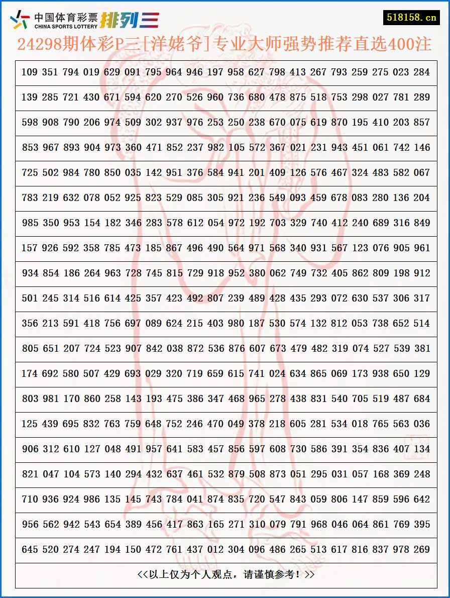 24298期体彩P三[洋姥爷]专业大师强势推荐直选400注