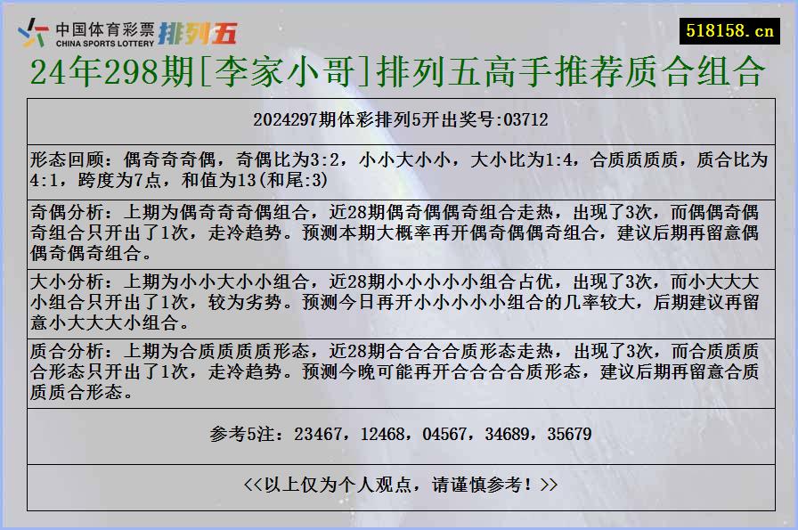 24年298期[李家小哥]排列五高手推荐质合组合