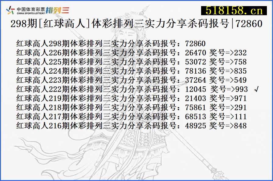 298期[红球高人]体彩排列三实力分享杀码报号|72860