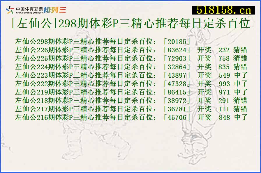 [左仙公]298期体彩P三精心推荐每日定杀百位