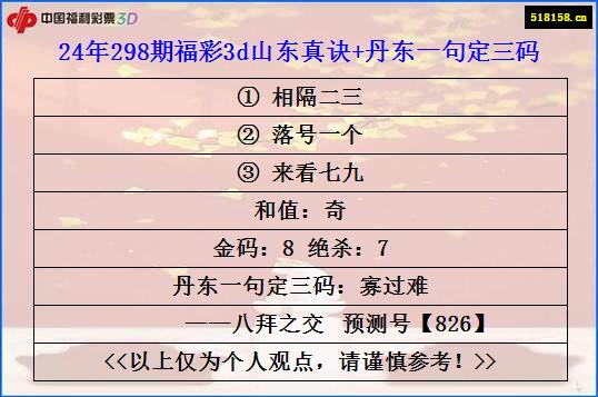 24年298期福彩3d山东真诀+丹东一句定三码