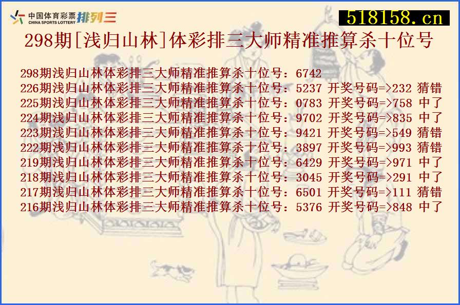 298期[浅归山林]体彩排三大师精准推算杀十位号