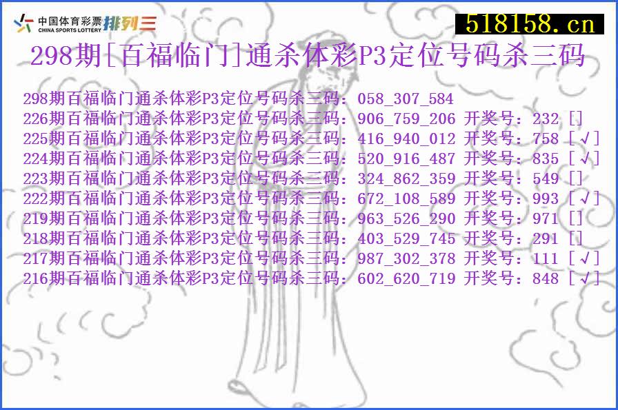 298期[百福临门]通杀体彩P3定位号码杀三码