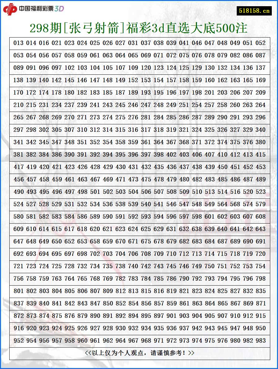 298期[张弓射箭]福彩3d直选大底500注