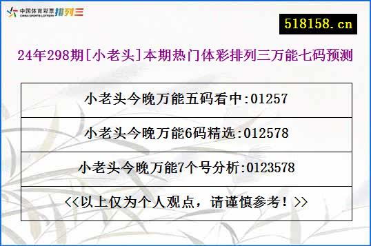 24年298期[小老头]本期热门体彩排列三万能七码预测