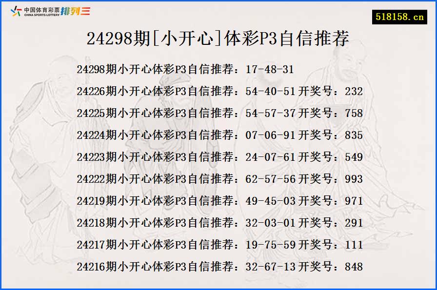 24298期[小开心]体彩P3自信推荐