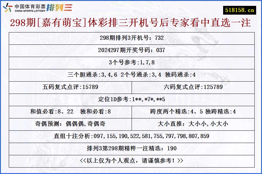 298期[嘉有萌宝]体彩排三开机号后专家看中直选一注