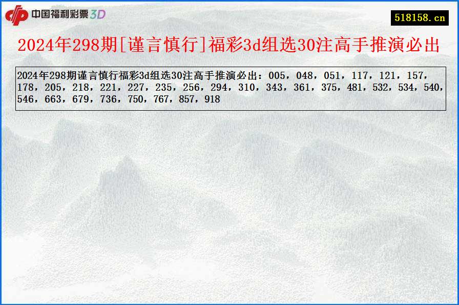 2024年298期[谨言慎行]福彩3d组选30注高手推演必出