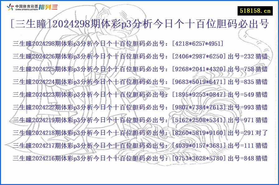 [三生瞳]2024298期体彩p3分析今日个十百位胆码必出号