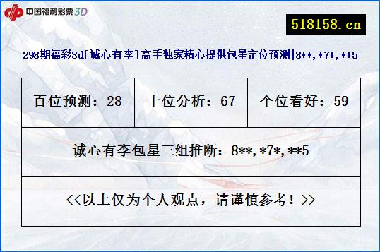298期福彩3d[诚心有李]高手独家精心提供包星定位预测|8**,*7*,**5