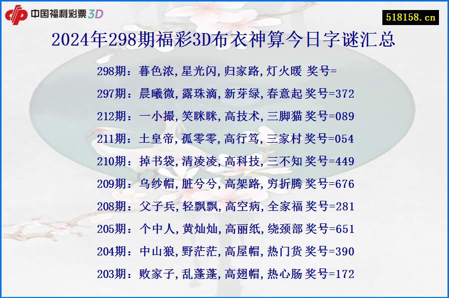 2024年298期福彩3D布衣神算今日字谜汇总