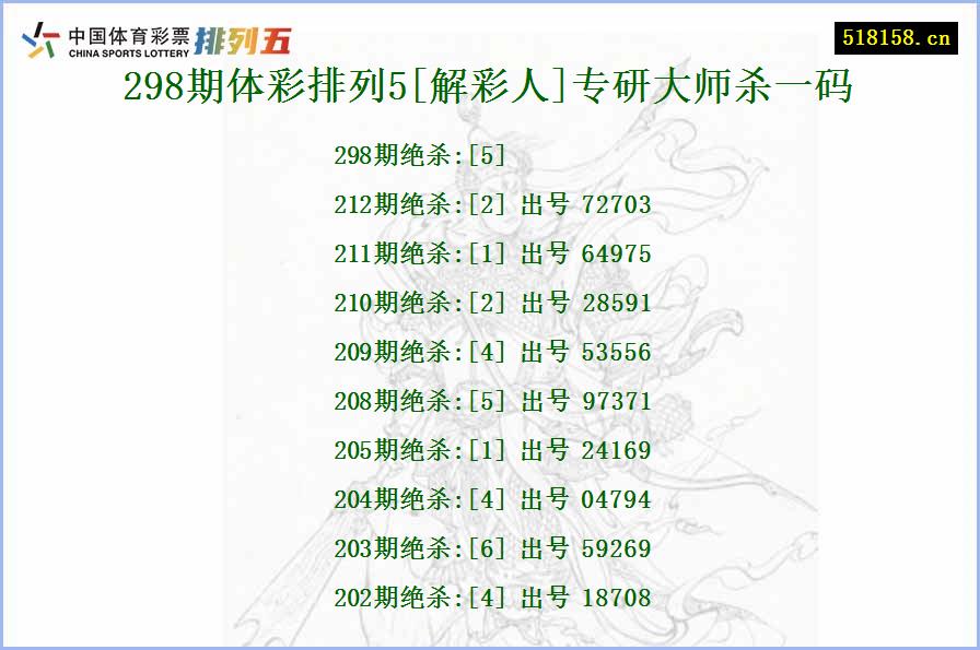 298期体彩排列5[解彩人]专研大师杀一码