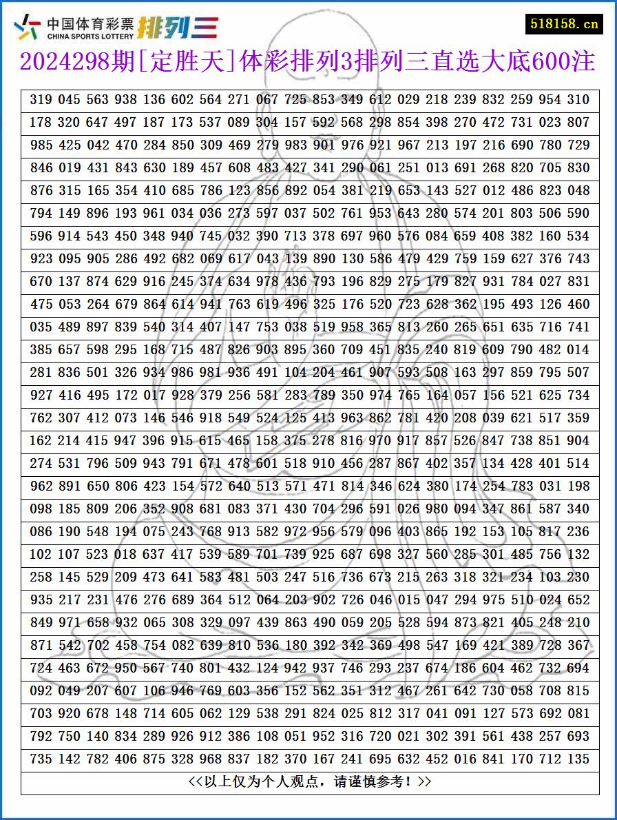 2024298期[定胜天]体彩排列3排列三直选大底600注