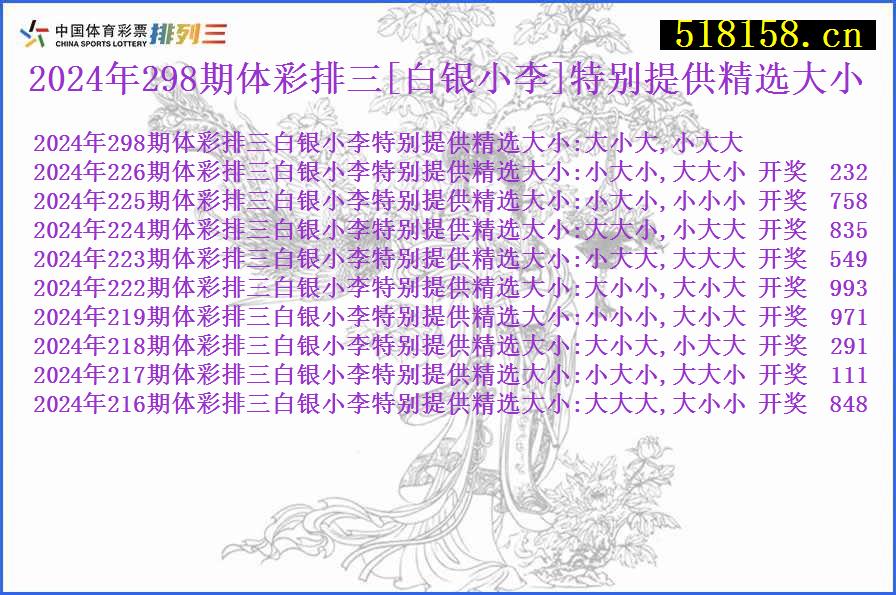 2024年298期体彩排三[白银小李]特别提供精选大小