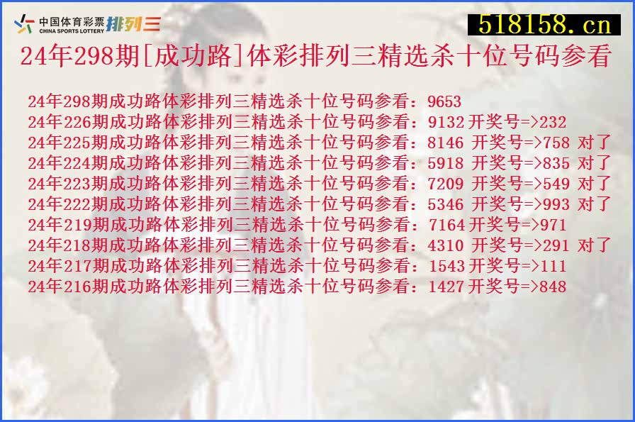 24年298期[成功路]体彩排列三精选杀十位号码参看