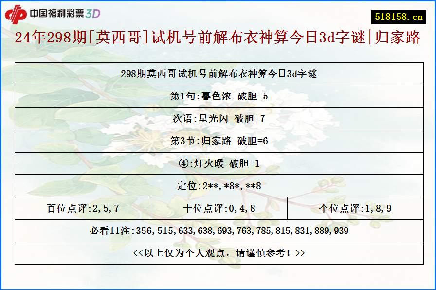 24年298期[莫西哥]试机号前解布衣神算今日3d字谜|归家路