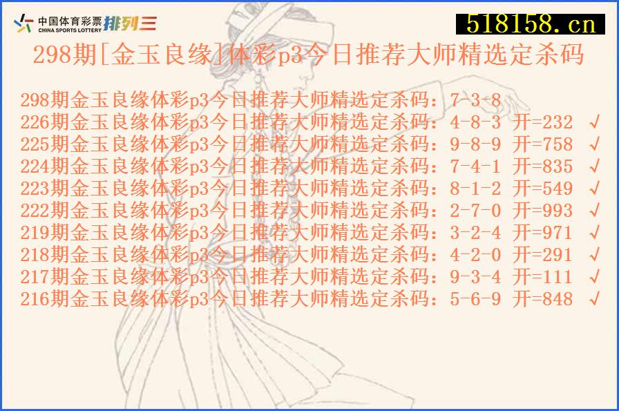 298期[金玉良缘]体彩p3今日推荐大师精选定杀码