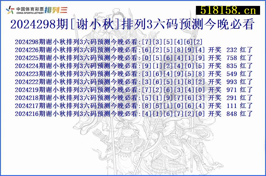 2024298期[谢小秋]排列3六码预测今晚必看