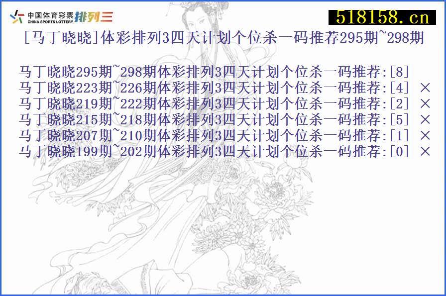 [马丁晓晓]体彩排列3四天计划个位杀一码推荐295期~298期