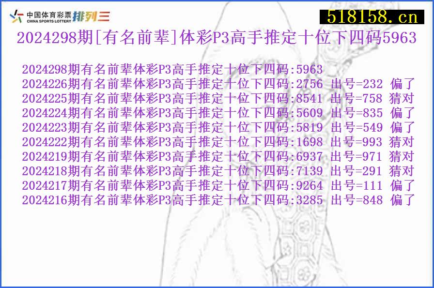 2024298期[有名前辈]体彩P3高手推定十位下四码5963