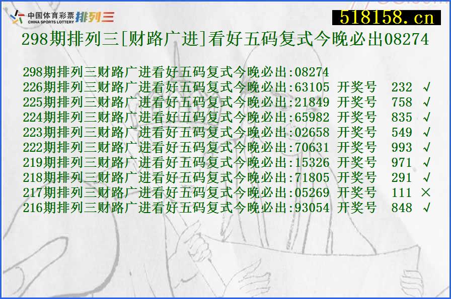 298期排列三[财路广进]看好五码复式今晚必出08274