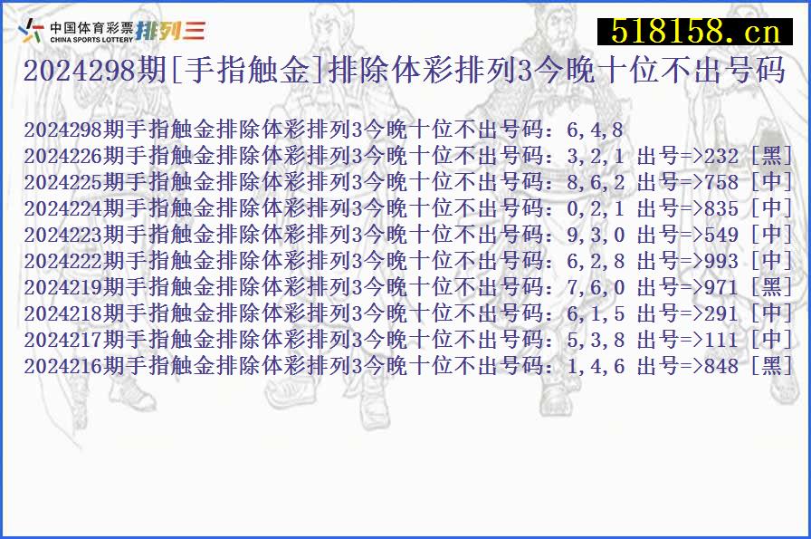 2024298期[手指触金]排除体彩排列3今晚十位不出号码