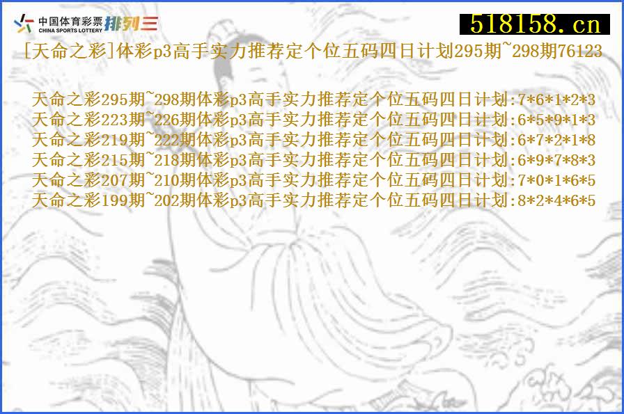 [天命之彩]体彩p3高手实力推荐定个位五码四日计划295期~298期76123