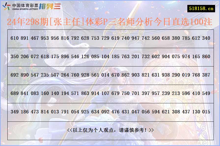 24年298期[张主任]体彩P三名师分析今日直选100注