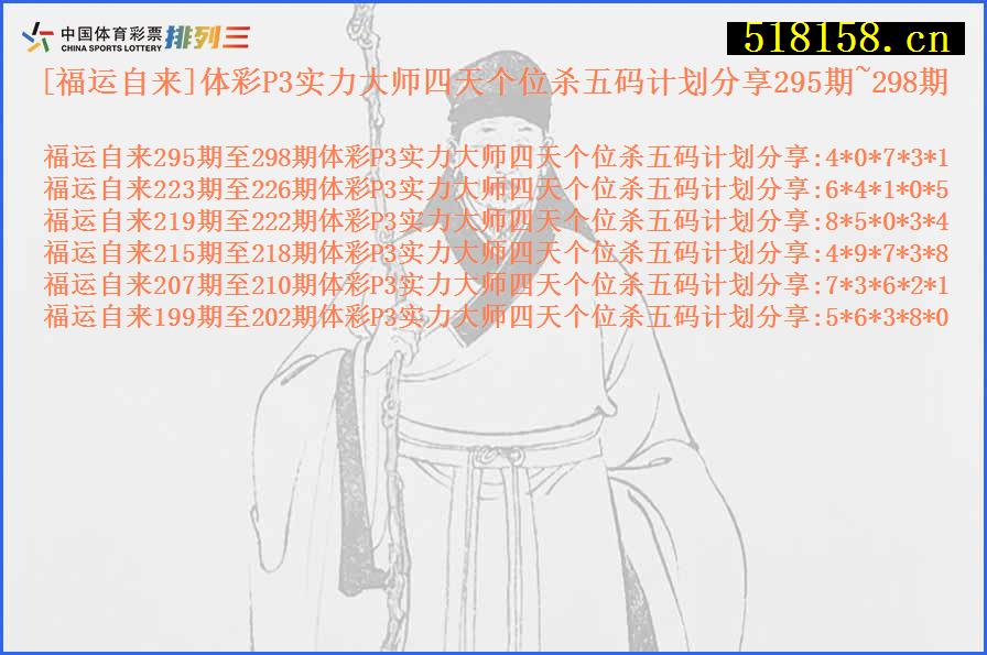 [福运自来]体彩P3实力大师四天个位杀五码计划分享295期~298期