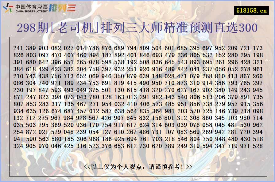 298期[老司机]排列三大师精准预测直选300