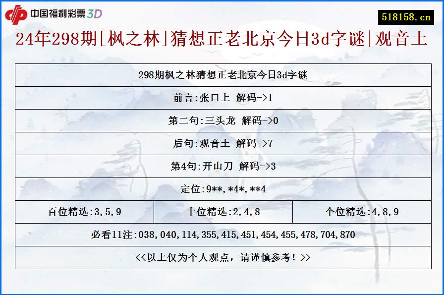 24年298期[枫之林]猜想正老北京今日3d字谜|观音土