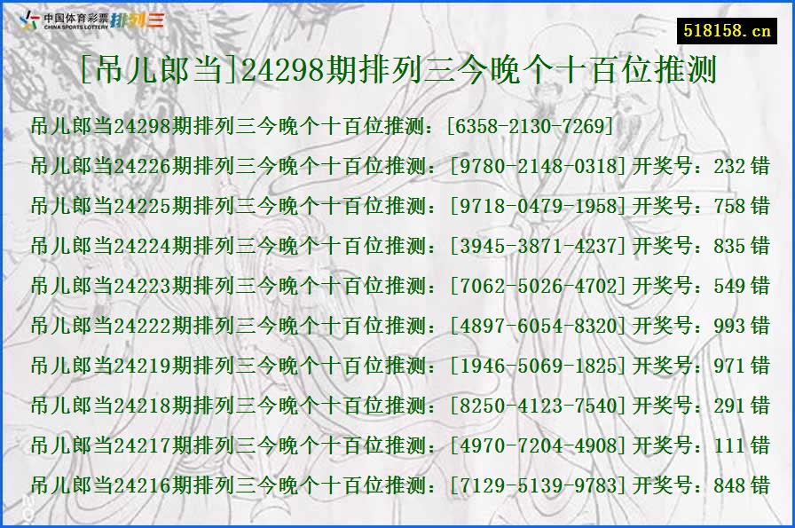 [吊儿郎当]24298期排列三今晚个十百位推测