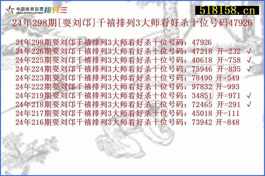 24年298期[耍刘邙]千禧排列3大师看好杀十位号码47926