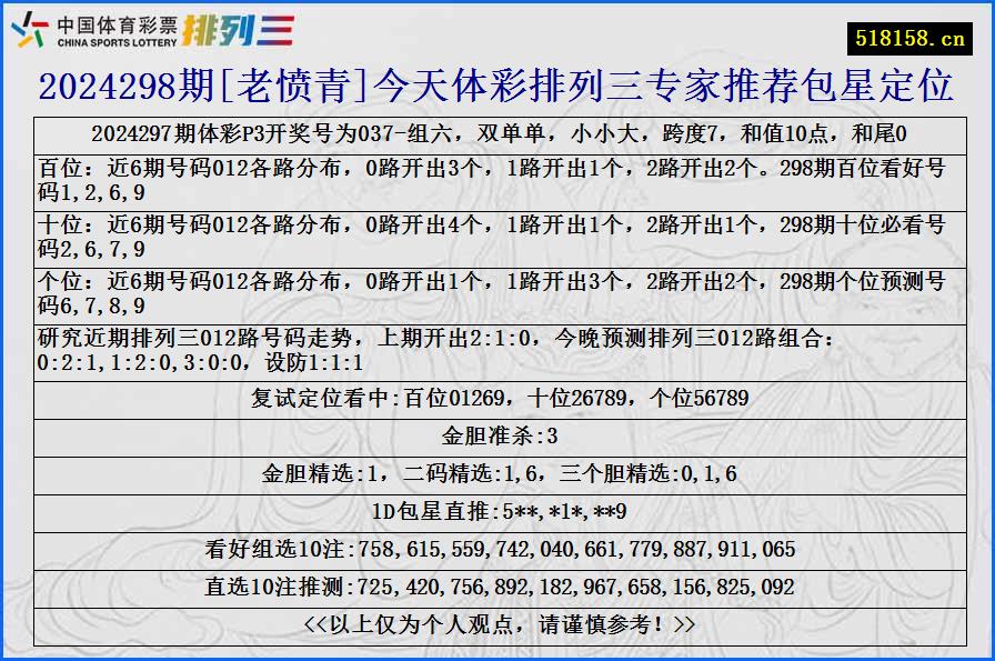 2024298期[老愤青]今天体彩排列三专家推荐包星定位