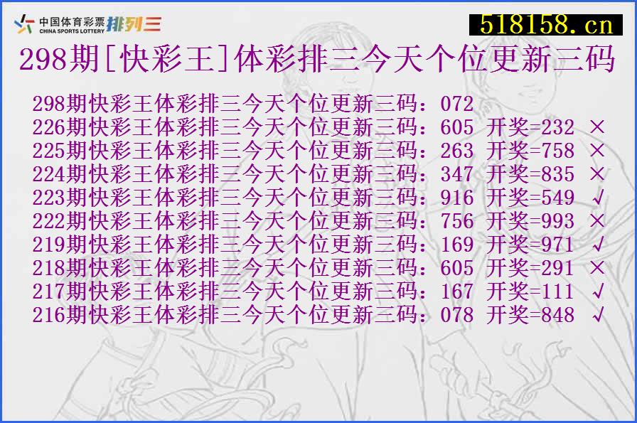 298期[快彩王]体彩排三今天个位更新三码