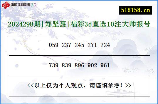 2024298期[郑坚惠]福彩3d直选10注大师报号