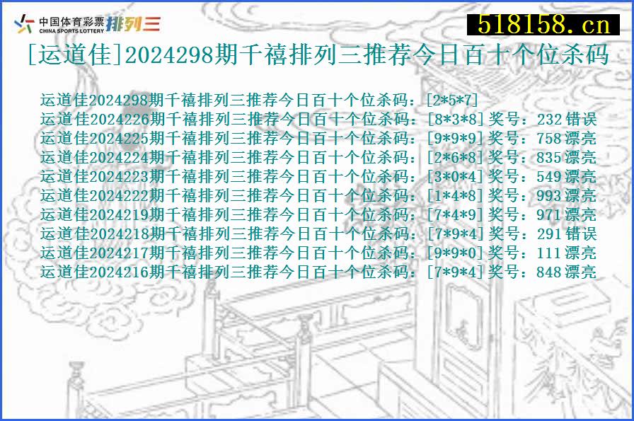 [运道佳]2024298期千禧排列三推荐今日百十个位杀码