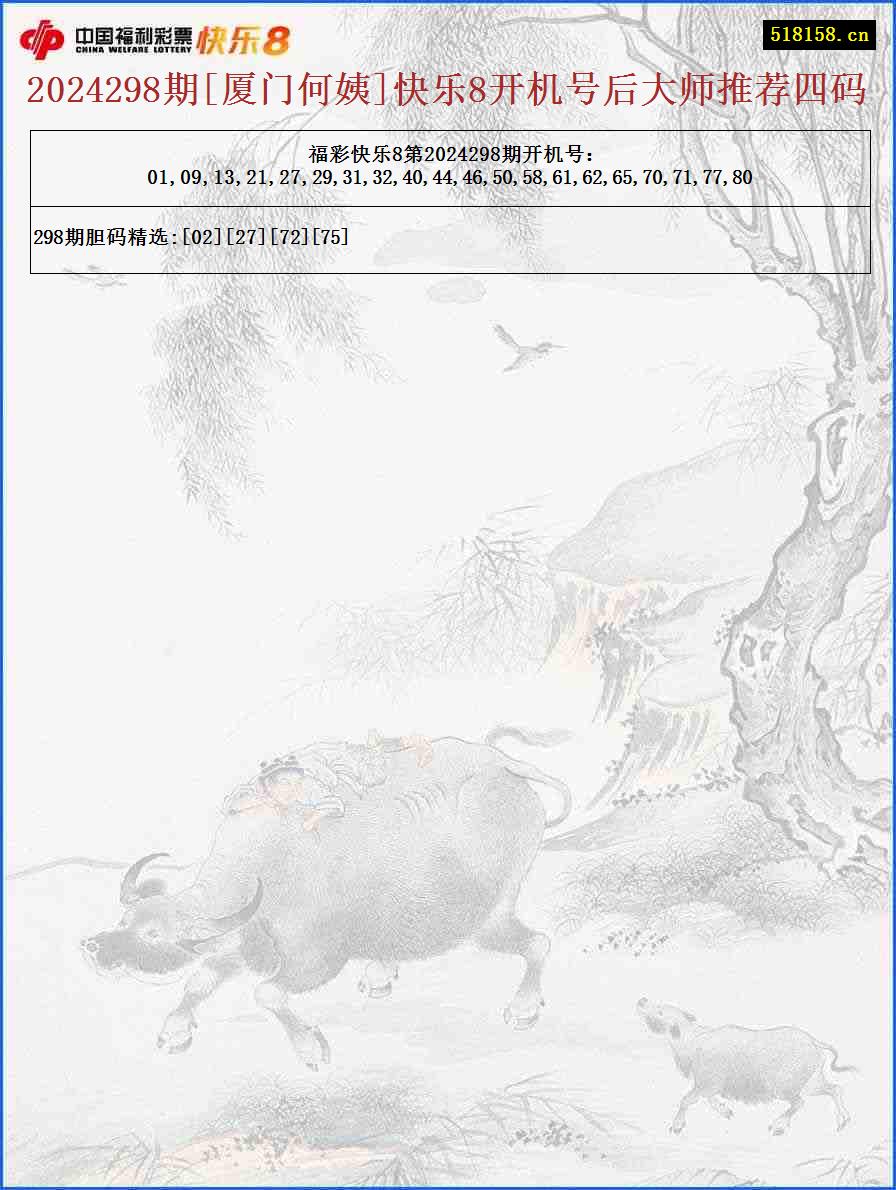 2024298期[厦门何姨]快乐8开机号后大师推荐四码