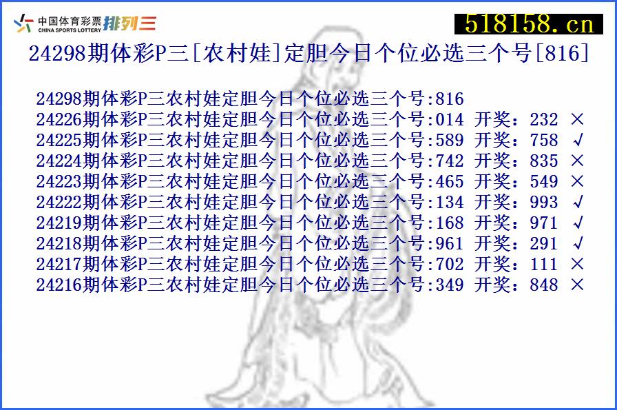 24298期体彩P三[农村娃]定胆今日个位必选三个号[816]