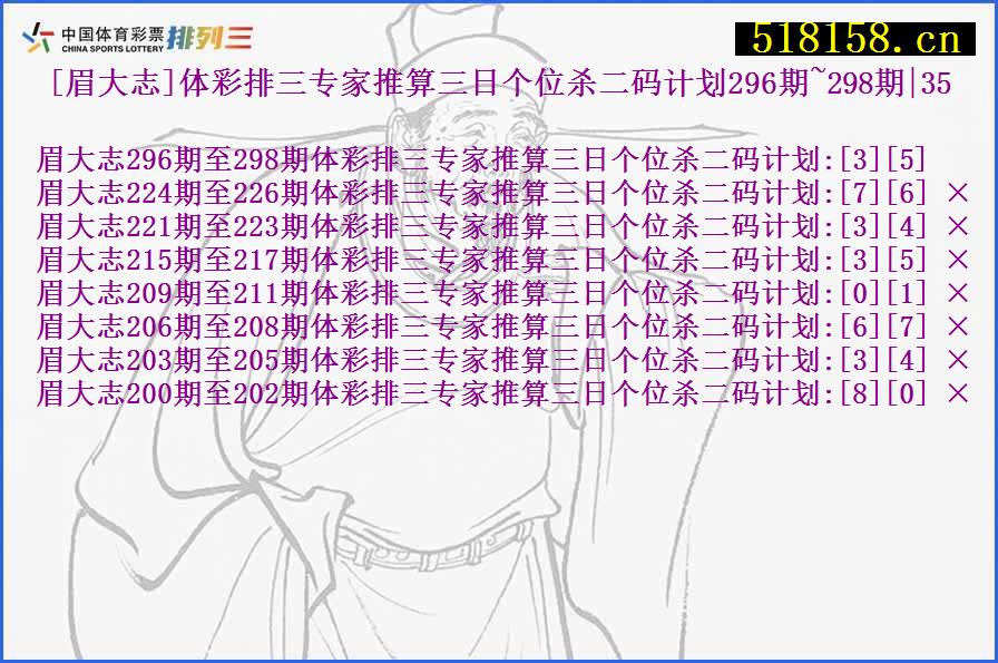 [眉大志]体彩排三专家推算三日个位杀二码计划296期~298期|35