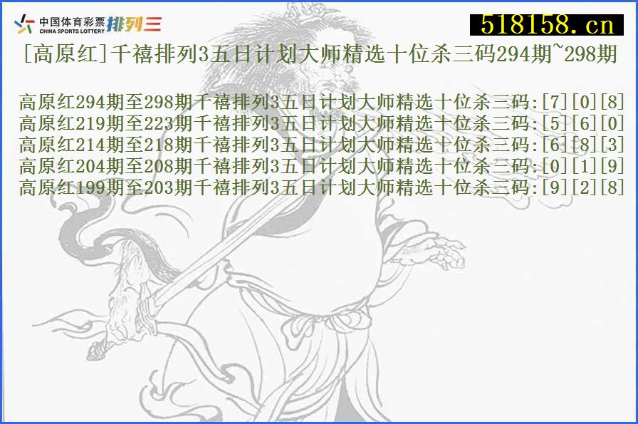 [高原红]千禧排列3五日计划大师精选十位杀三码294期~298期