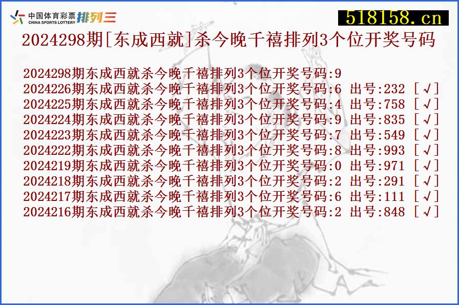 2024298期[东成西就]杀今晚千禧排列3个位开奖号码