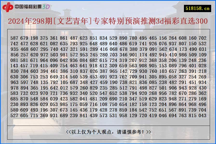2024年298期[文艺青年]专家特别预演推测3d福彩直选300