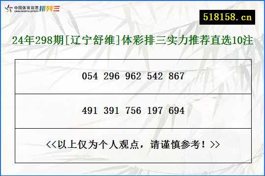 24年298期[辽宁舒维]体彩排三实力推荐直选10注