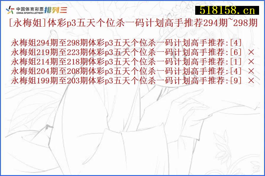 [永梅姐]体彩p3五天个位杀一码计划高手推荐294期~298期