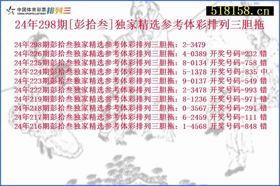 24年298期[彭拾叁]独家精选参考体彩排列三胆拖