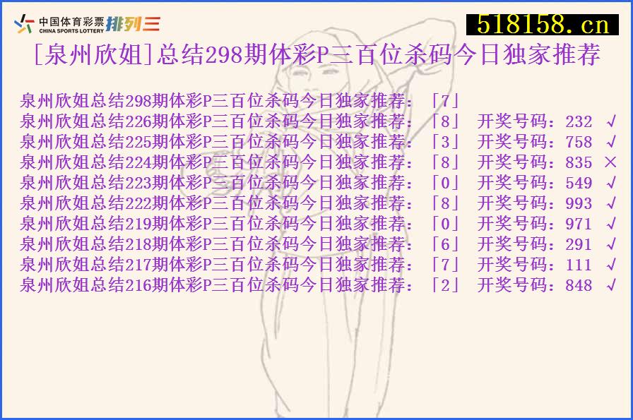 [泉州欣姐]总结298期体彩P三百位杀码今日独家推荐